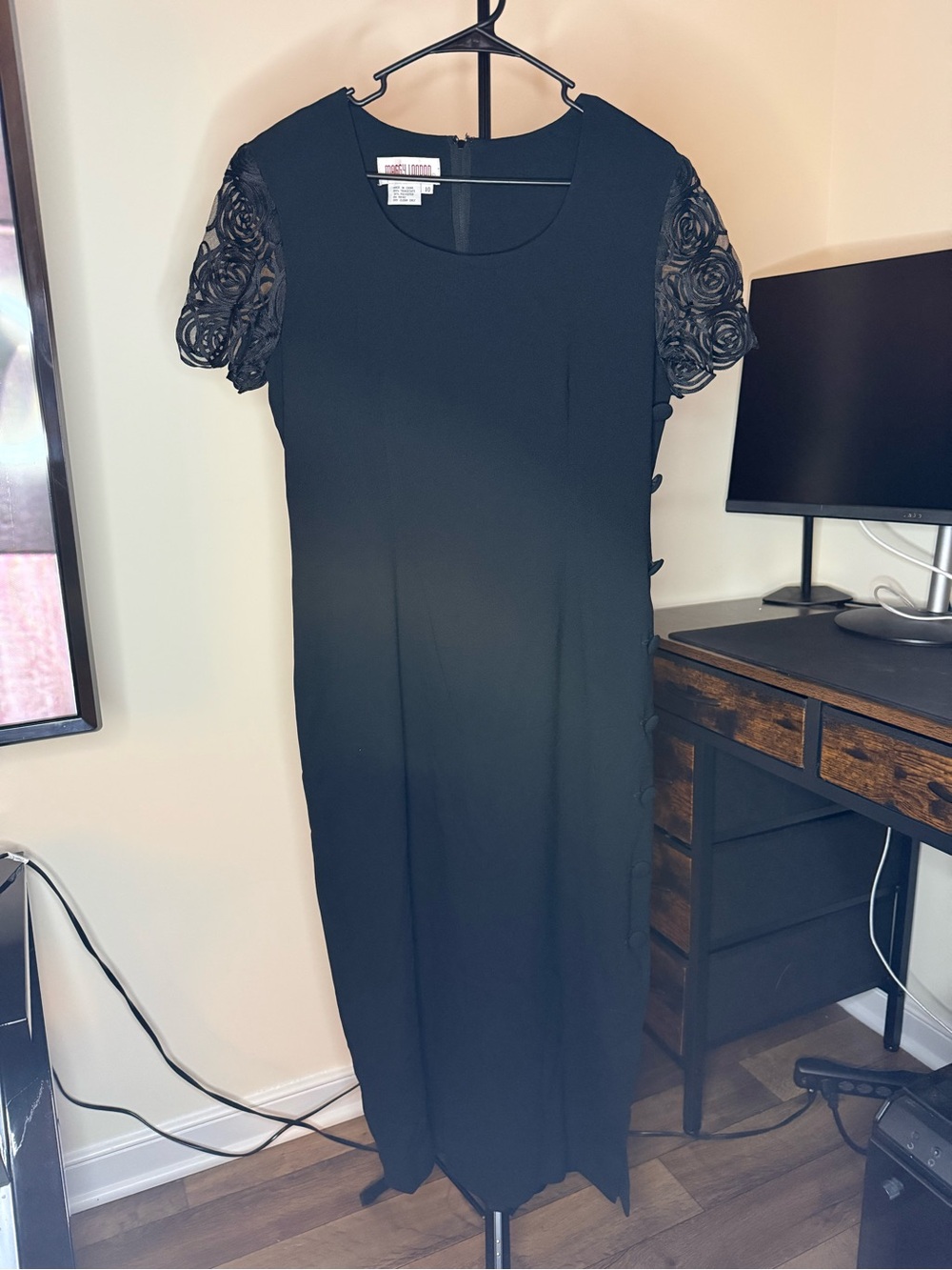 Maggy London Black Midi Dress with Rosette Lace Sleeves